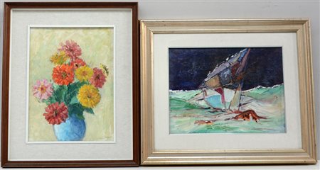 Lotto di due dipinti ad olio di soggetto e autori differenti (cm 30x39,5), in...