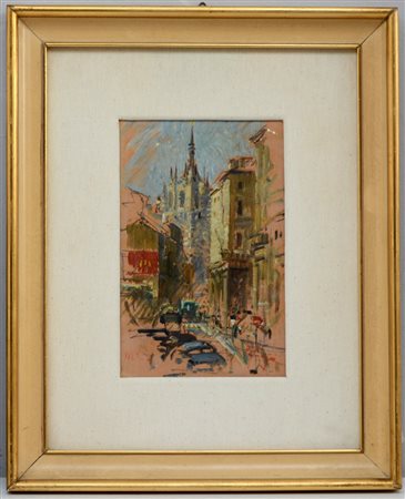 Firma indecifrata, "Scorcio di Milano col Duomo", olio su cartone (cm 24x16)...