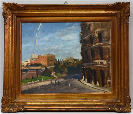 Firma indecifrata, "Scorcio di Roma con il Colosseo", olio magro su cartone...