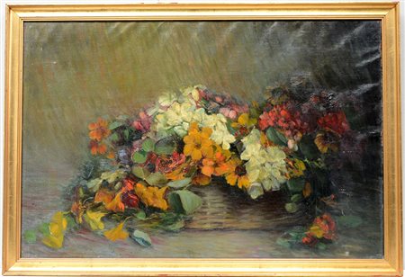 Ignoto, "Fiori", olio su tela (cm 60x90), in cornice (difetti e restauri)