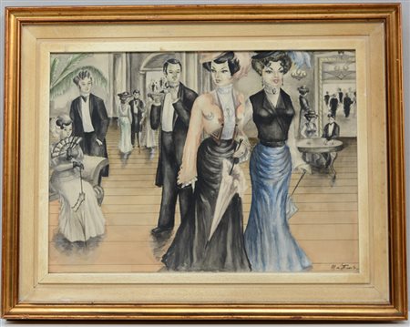 Firma indecifrata, "Il ricevimento", acquerelli e china su cartoncino (cm...