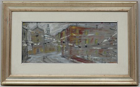 Ignoto, "Nevicata in citt‡", olio su cartone pressato (cm 20,5x47), in cornice