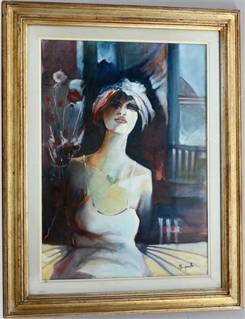 Firma indecifrata, "Modella in lingerie", olio su tela (cm 50x70) firmato in...
