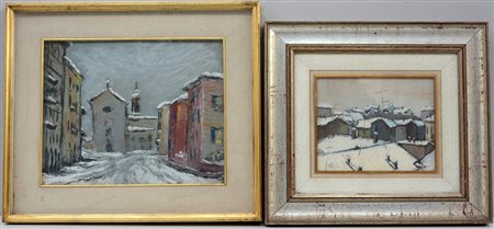 Lotto di due dipinti ad olio su compensato raffiguranti paesaggi innevati,...