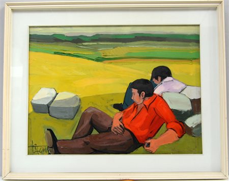 Firma indecifrata, "Riposo all'aperto", olio materico su tela (cm 60x80)...