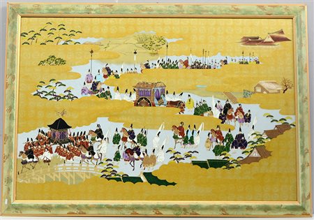 Manifattura orientale, pannello decorativo su carta con processione imperiale...