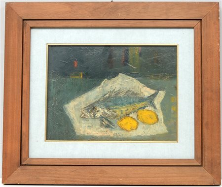 Firma indecifrata, "Natura morta con pesce e limoni", olio su tela (cm 30x40)...