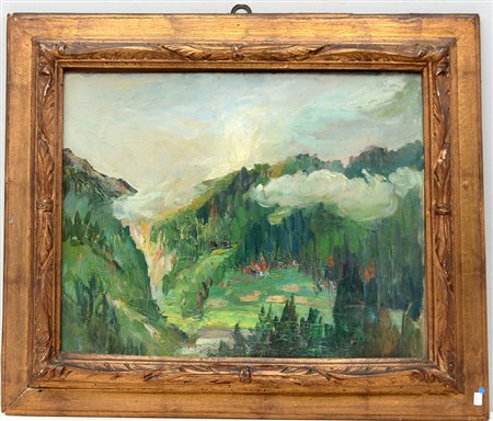 Firma indecifrata, "Vallata", olio su cartone (cm 42x53) firmato e datato...