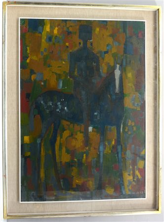Giovanola Gianluigi (Milano 1923 ) "Cavallo e cavaliere" olio su tela (cm...