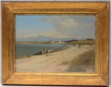 Firma indecifrata, "Scorcio di spiaggia", olio su tavola (cm 27x39) firmato...