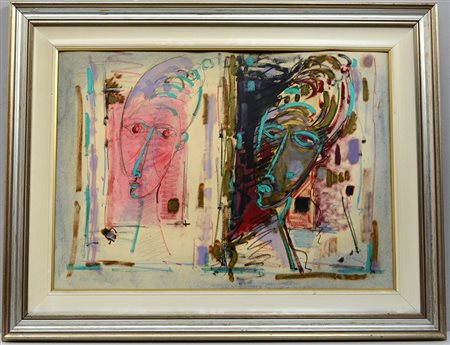 Ignoto - "Composizione con figure", tecnica mista su carta (cm 50x70), in...