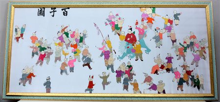 Manifattura orientale, pannello decorativo ricamato su tessuto raffigurante...