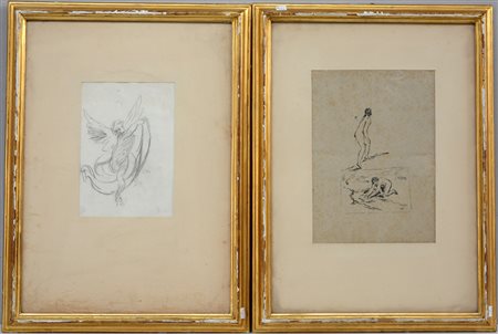 Lotto di due disegni figurativi a china e lapis su carta, di autori e misure...