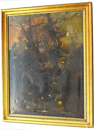 Ignoto, "Paesaggio boschivo", olio su tela (cm 104x78) (gravi difetti e...