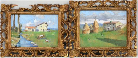 Firma indecifrata, "Paesaggi agricoli", coppia di olii su cartone (cm...