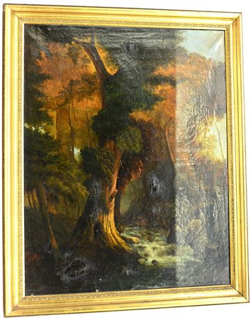 Ignoto,"Paesaggio boschivo", olio su tela (cm 105x81) (difetti e restauri)
