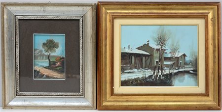 Lotto di due dipinti ad olio raffiguranti scorci di paesaggi fluviali, di...