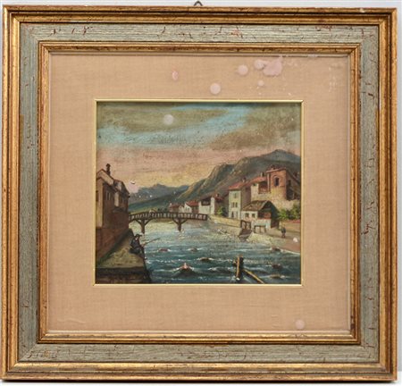 Ignoto, "Scorcio di abitato fluviale", olio su cartone pressato (cm 21x23,5),...