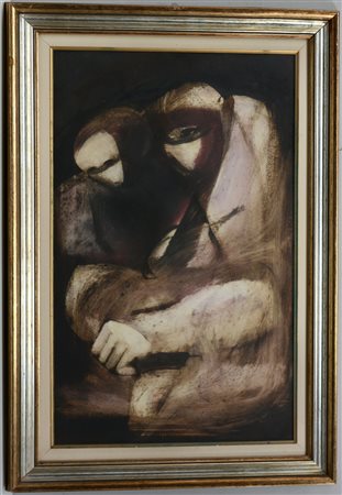 Firma indecifrata, "Composizione con figure", olio su tela (cm 80x50)...