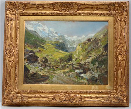 Edoardo Marchioro (1882 - 1935) "Paesaggio montano con ponticello", olio su...
