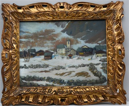 Calvi Giuseppe (Milano 1895 - Alassio 1983) "Nevicata in paese", olio su...