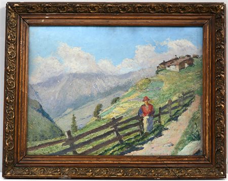 Firma indecifrata, "Strada di montagna", olio su tela (cm 39x52) firmato in...