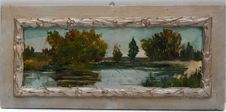 Firma indecifrata "Paesaggio fluviale" olio su compensato (cm 13x39) Firmato...