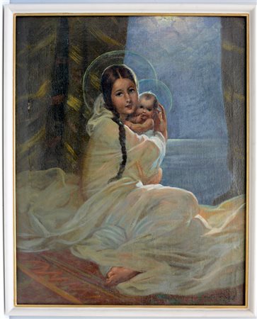 Traverso Mattia "Madonna con bambino" olio su tela (cm 100x78) firmato e...