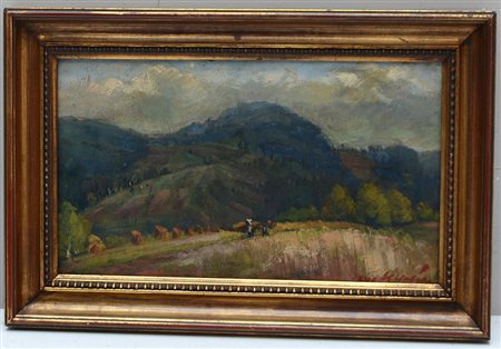 Firma indecifrata "Paesaggio collinare" olio su cartone (cm 19x32) firmato e...