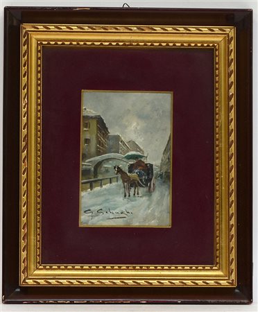 Ignoto "Scorcio del Naviglio con carrozza" olio su cartone (cm 15x10) firmato...
