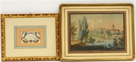 Lotto composto da una stampa a colori raffiguranti paesaggio lacustre e un...