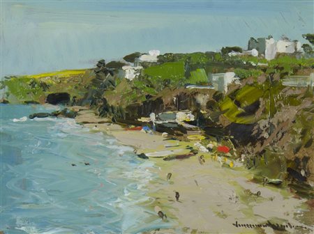 Vincenzo Aprile 1952 "Spiaggia a Ischia cm. 18x24 - olio su cartone Firmato...