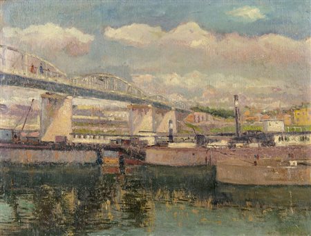 Pittore del '900 "Ponte cittadino" cm. 39x50 - olkio su compensato