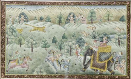 Lotto di 4 piccoli dipinti indiani incorniciati.