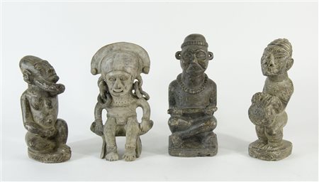 Lotto di 4 figure orientali in pietra e terracotta. H. max cm. 28.