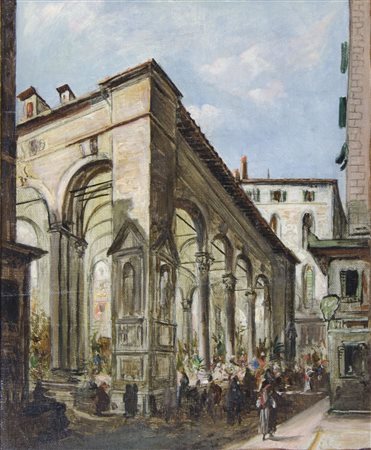 Pittore primi '900 "Mercato Nuovo a Firenze" cm. 30x25 - oio su cartone telato