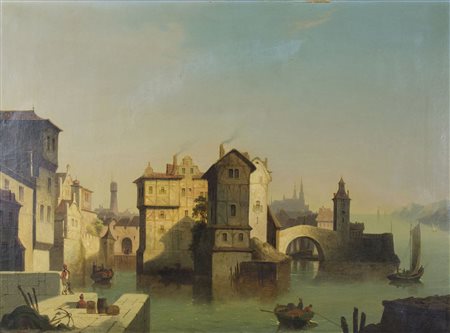 Maestro del XIX secolo "Città sul mare" cm. 75x101 - olio su tela