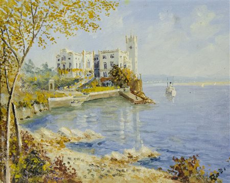 Roda "Castello di Miramare" cm. 24x28 - olio su cartone Firmato b. a s.