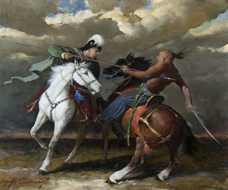 Giuseppe Chiacigh Wladikawkaz 1895-Trieste 1967 "Duello" cm. 50x60 - olio su...