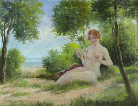 Janos Pammer 1885-? "Beata sul prato" cm. 50x67 - olio su tela Firmato b. a s.