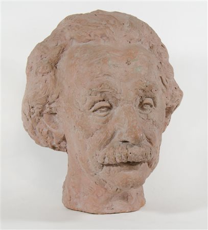 Grande scultura in terracotta raffigurante volto di Albert Einstein. H. cm. 43.