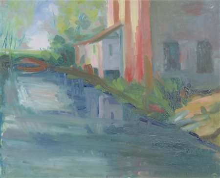 Pittore del '900 "Case sul fiume" cm. 40x50 - olio su tela
