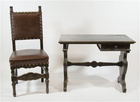 Tavolo rettangolare con cassetto e sedia.