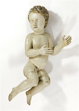 Scultura in legno policromo intagliato raffigurante Angelo. XVII secolo. H....