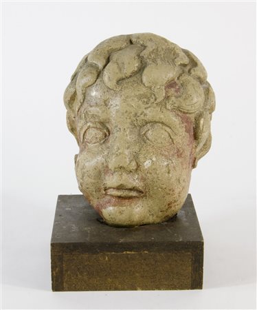 Testa di putto in pietra, su base in legno. H. tot cm. 22.