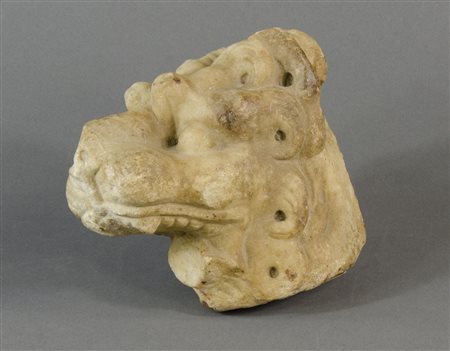 Scultura in pietra scolpita raffigurante testa di leone, su base in velluto....