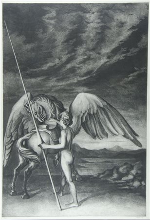 Incisione del '900 raffigurante cavallo alato, Firmata e datata '82.