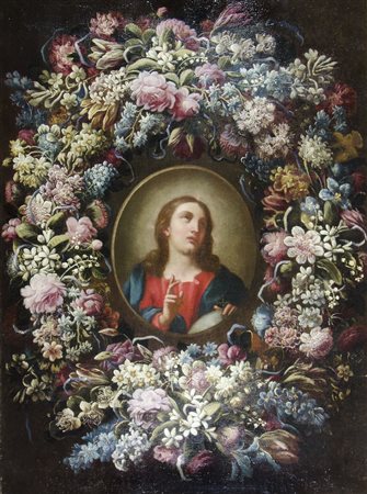 Felice Fortunato Biggi 1680-1750 "Ghirlanda di fiori con al centro Cristo"...