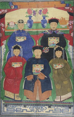 Artista cinese del XIX secolo "Famiglia" cm. 140x90 - pannello dipinto