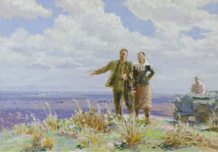 Nicolaj Karahan (?) 1900-1970 "Uno sguardo lontano" cm. 28x40 - olio su cartone